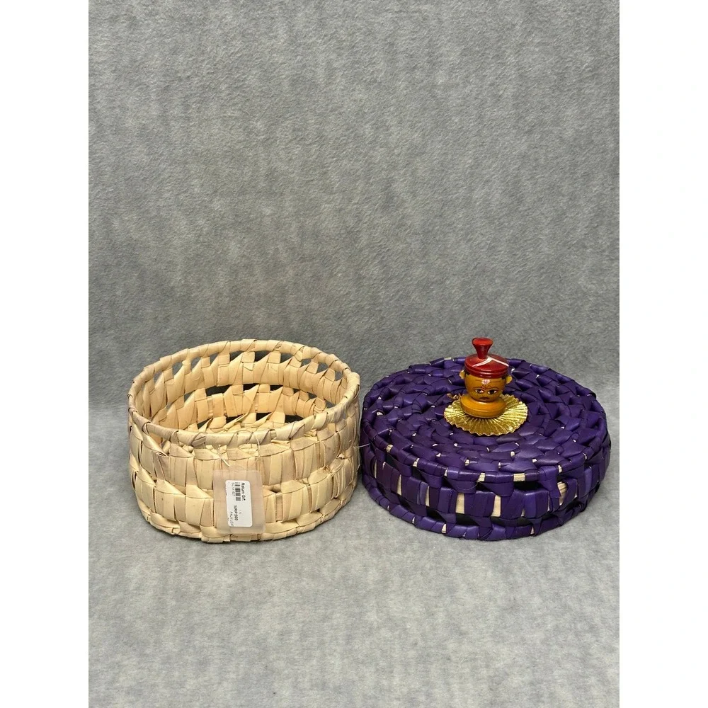 Palm Leaf Basket Purple Natural Woven Lidded Box with Figurine Finial Handcraft